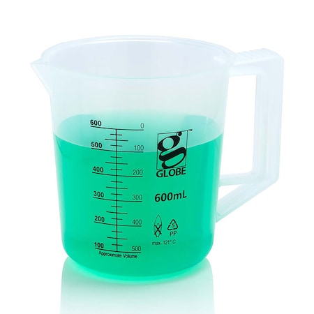 Globe Scientific 600mL Beaker with Handle, Diamond Essentials, Low Form, Printed Graduations, PP 3654-600